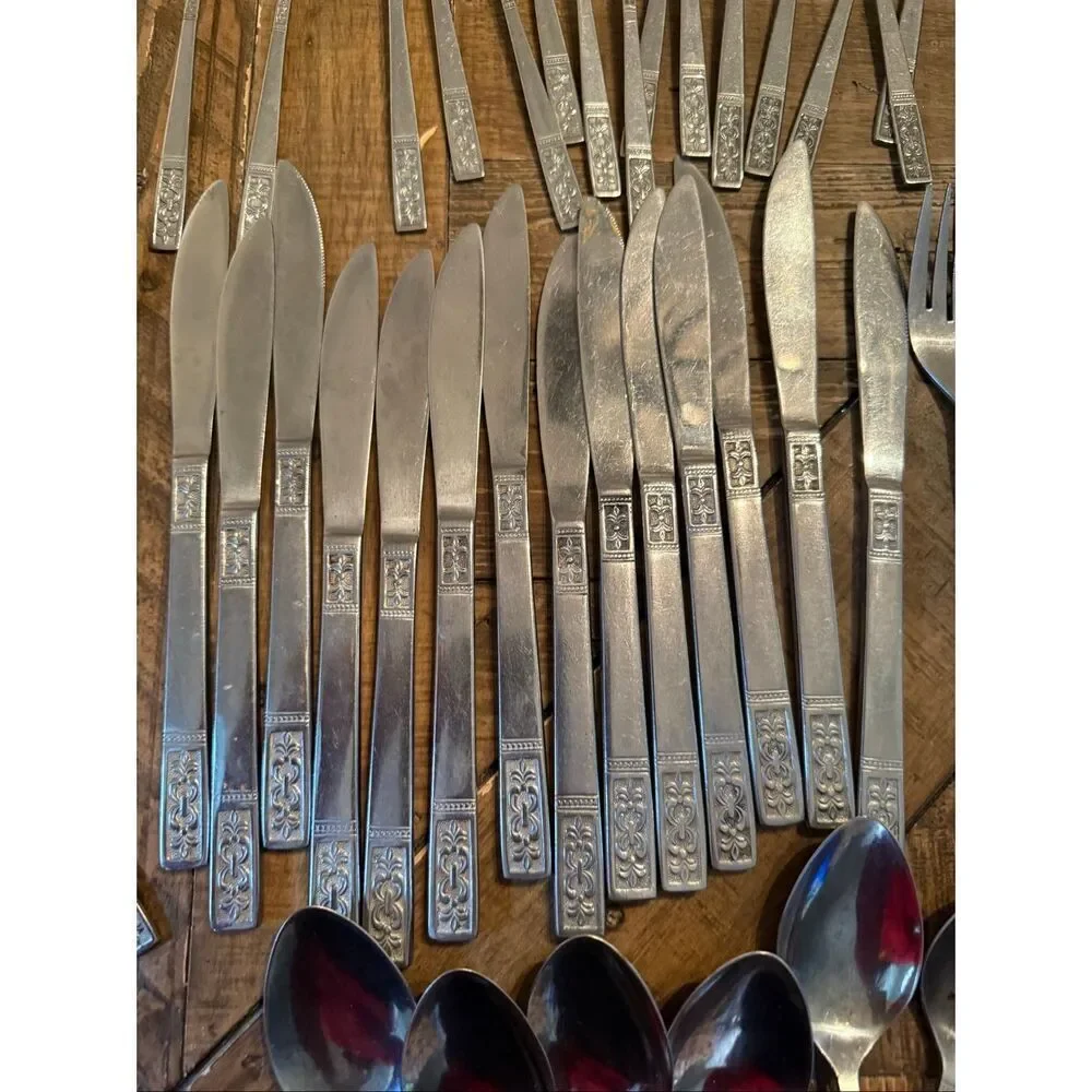 Vintage Custom Craft Stainless Steel Flatware 52PCs Fleur De Lis Mid Century MCM